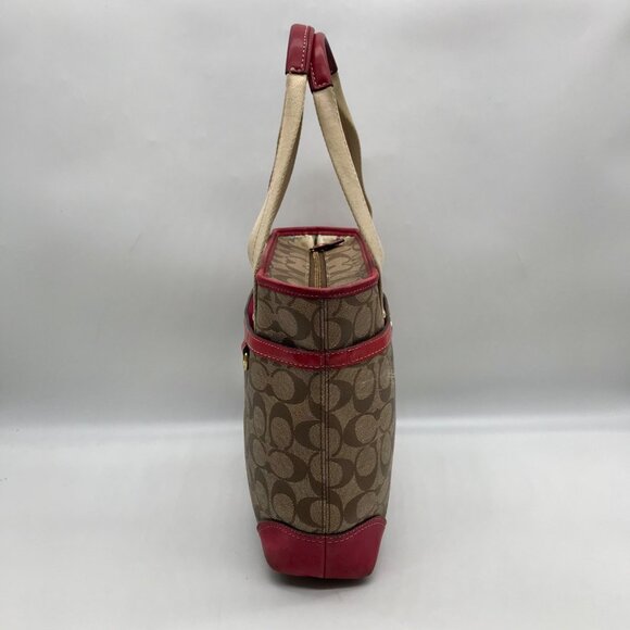 Coach Brown Monogram Canvas Pink Heritage Stripe Tote Bag 11349 - Picture 4 of 11